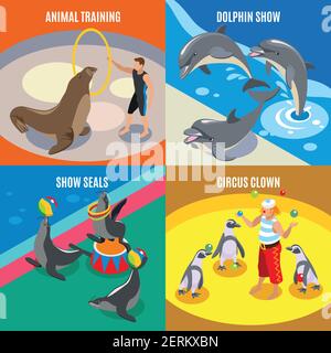 Sea circus 2x2 design concept set of animal training circus clown dolphin and seals show isometric compositions vector illustration Stock Vector