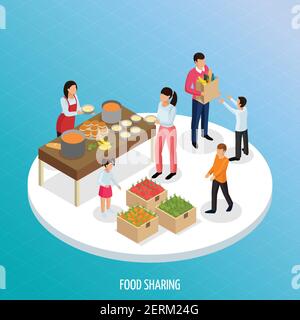 Sharing economy isometric background with view of ripe fruits and ready food for sharing with people vector illustration Stock Vector
