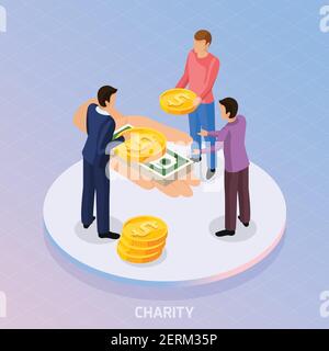 Sharing economy isometric background with conceptual composition of fundraiser characters and human hand with coins and banknotes vector illustration Stock Vector