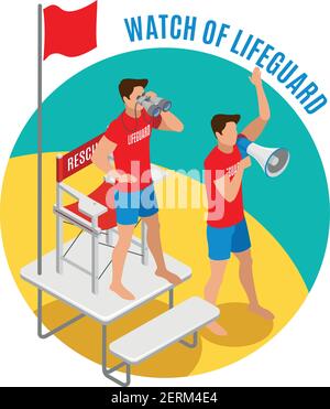 Watch of lifeguard round design concept with two savers near rescue chair holding binocular and loudspeaker isometric vector illustration Stock Vector