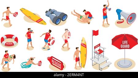 Beach lifeguards inventory isometric icons  set of binocular loudspeaker umbrella lifebuoy surfboard chair with flag isolated vector illustration Stock Vector