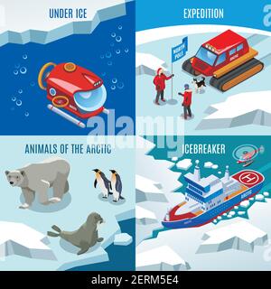 Arctic research isometric design concept, expedition, northern animals, discoveries under frozen water, ice breaker, isolated vector illustration Stock Vector