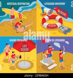 Beach lifeguards 2x2 design concept  set of artificial respiration lifeguard inventory saving drowning watch of lifeguard isometric compositions vecto Stock Vector