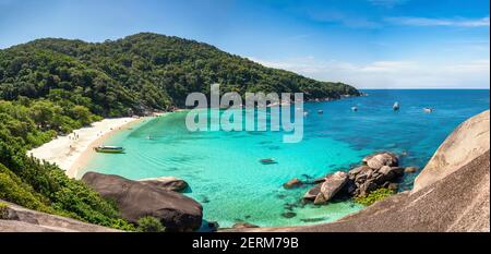 Tropical islands of ocean blue sea water and white sand beach at Similan Islands from famous viewpoint, Phang Nga Thailand nature landscape panorama Stock Photo