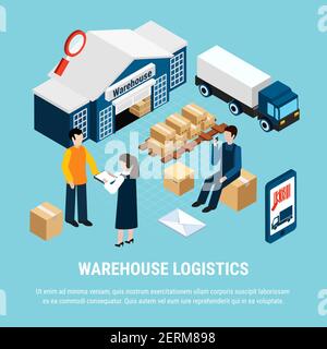 Warehouse logistics isometric concept with delivery workers on blue background 3d vector illustration Stock Vector