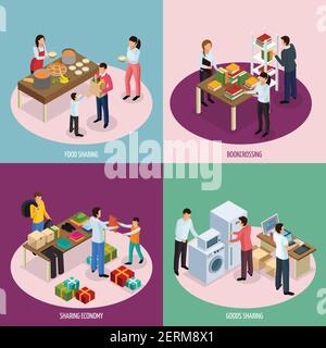 Sharing economy isometric 2x2 design concept with compositions of people sharing food books and household appliances vector illustration Stock Vector