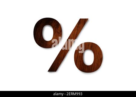 wooden texture percent sign isolated on white background. Clipping path for design Stock Photo