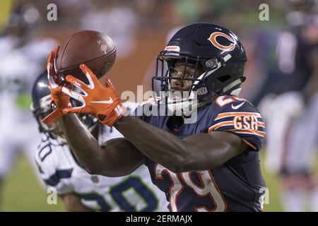 Chicago, Illinois, USA. 17th Sep, 2018. - Bears #52 Khalil Mack takes a  break during the NFL Game between the Seattle Seahawks and Chicago Bears at  Soldier Field in Chicago, IL. Photographer: