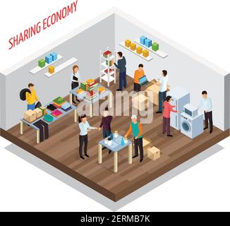Sharing economy isometric composition with view of room with goods and private belongings for gratuitous transfer vector illustration Stock Vector