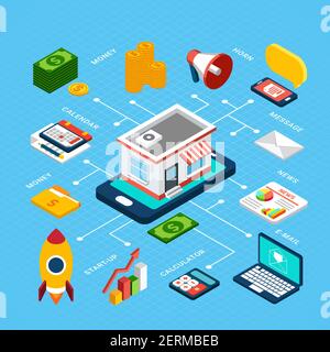 Isometric colorful infographics with various tools for digital marketing on blue background 3d vector illustration Stock Vector