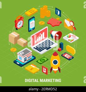 Colorful isometric concept with various digital marketing icons on green background 3d vector illustration Stock Vector