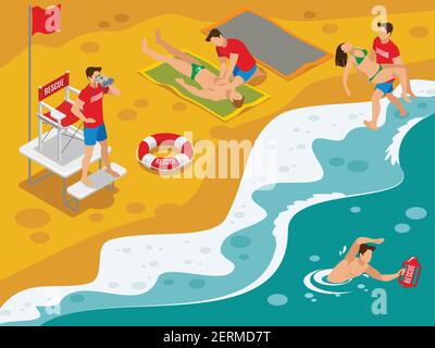 Beach lifeguards isometric composition with professional rescue team working with tourists caught in dangerous situation vector illustration Stock Vector