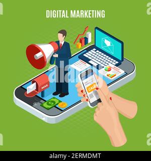Digital marketing service isometric concept with smartphone laptop and person with loudspeaker on green background 3d vector illustration Stock Vector