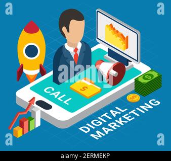 Isometric colorful digital mobile marketing concept on blue background 3d vector illustration Stock Vector
