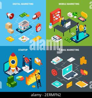 Digital online and mobile marketing and business start up tools 2x2 isometric concept on colorful background 3d isolated vector illustration Stock Vector
