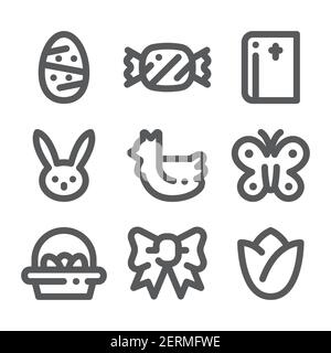 Happy easter icon set. Bold linear, line art style. Stock Vector