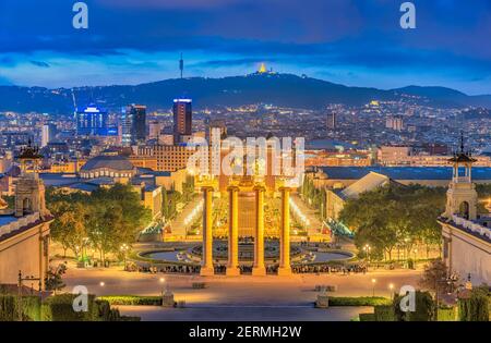 Barcelona Spain, high angle view night city skyline at Barcelona Espanya Square Stock Photo