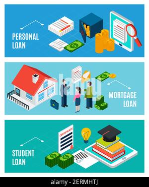 Loans isometric horizontal banners set with three compositions of financial icons documents and people with text vector illustration Stock Vector