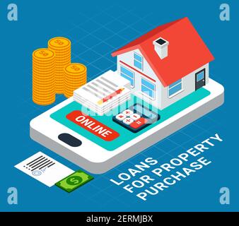 Loans isometric composition with conceptual images of private house on top of smartphone screen with text vector illustration Stock Vector