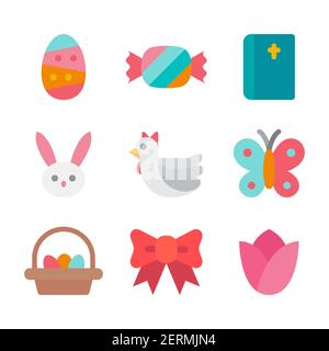 Happy easter icon set. Flat design style. Stock Vector