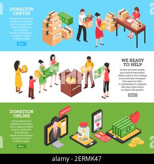 Charity horizontal banners set of donation center people ready to help and donation online isometric compositions vector Illustration Stock Vector