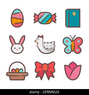 Happy easter icon set. Colored line style. Stock Vector