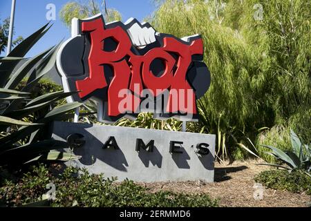 A logo sign outside of the headquarters of Riot Games, Inc., in Los ...
