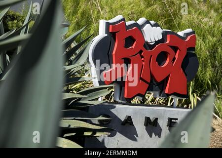 A logo sign outside of the headquarters of Riot Games, Inc., in Los ...