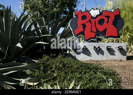A logo sign outside of the headquarters of Riot Games, Inc., in Los ...