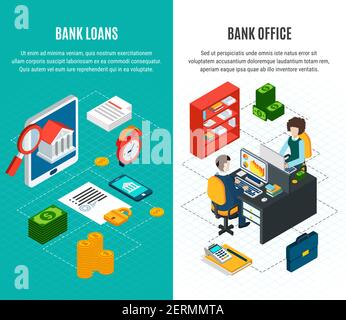 Loans isometric vertical banners set with two compositions of financial icons and human characters with text vector illustration Stock Vector