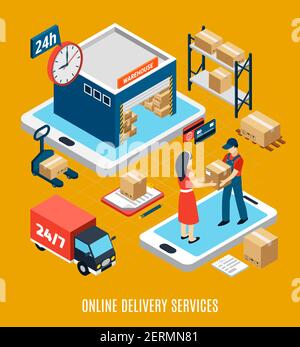 Logistics isometric concept with 24 hours online delivery service worker truck and warehouse 3d vector illustration Stock Vector