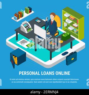 Loans isometric background with conceptual composition of tablet and office room with workplace of bank clerk vector illustration Stock Vector