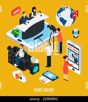 Photo video isometric composition with tv studio and camera operators with pictograms of globe and cloud vector illustration Stock Vector