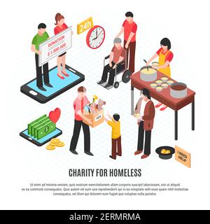 Charity for homeless design concept with volunteers donating toys money and feeding free food isometric vector illustration Stock Vector