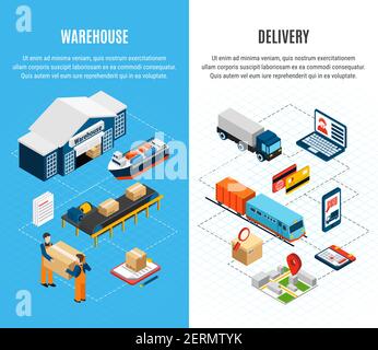 Logistics isometric horizontal banners with warehouse and delivery service on colorful background 3d isolated vector illustration Stock Vector