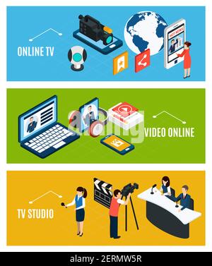 Set of three horizontal photo video isometric banners with pictogram icons electronic gadgets and human characters vector illustration Stock Vector