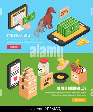 Charity two horizontal banners set of care for animals and charity for homeless isometric concepts vector illustration Stock Vector