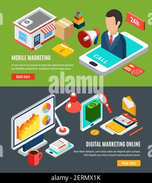 Mobile and online digital marketing isometric horizontal banners set on colorful background 3d isolated vector illustration Stock Vector