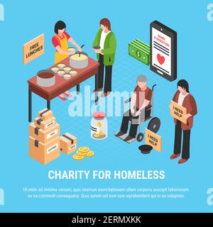 Charity for homeless isometric design concept with volunteers feeding free food for disabled people vector illustration Stock Vector