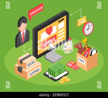 Donation now design concept with advertising of 24 hour charity marathon isometric vector illustration Stock Vector