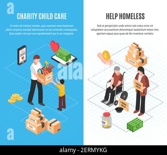 Charity two vertical banners with child care and help homeless isometric concepts vector illustration Stock Vector