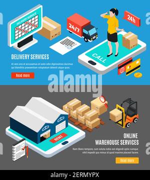 Isometric set of two horizontal logistics isometric banners with online delivery and warehouse services 3d isolated vector illustration Stock Vector