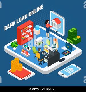 Loans isometric background composition with pieces of bank office furniture and clerks on top of tablet vector illustration Stock Vector