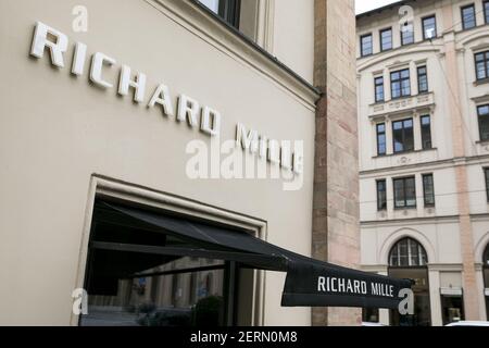 A logo sign outside of a Richard Mille retail store in Munich, Germany, on September 2, 2018. (Photo by Kristoffer Tripplaar/Sipa USA)