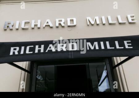 A logo sign outside of a Richard Mille retail store in Munich, Germany, on September 2, 2018. (Photo by Kristoffer Tripplaar/Sipa USA)