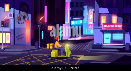 Delivery man on scooter with box drives on city street at night. Vector cartoon cityscape with boy on motorcycle on road in town. Courier in helmet on moped with order Stock Vector