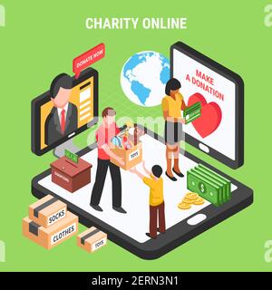 Charity online isometric composition with volunteers conducting donation drive for children and needy people vector illustration Stock Vector
