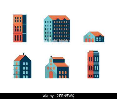 bundle of six buildings blue minimal city set icons vector illustration design Stock Vector