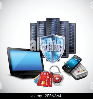 Payment security realistic composition with server equipment banking cards nfc technology on light background vector illustration Stock Vector