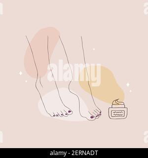 Pedicure concept. Elegant woman legs. Nail polish and nail file. Linear vector Illustration of female feet in a trendy minimalist style. Beauty logo Stock Vector